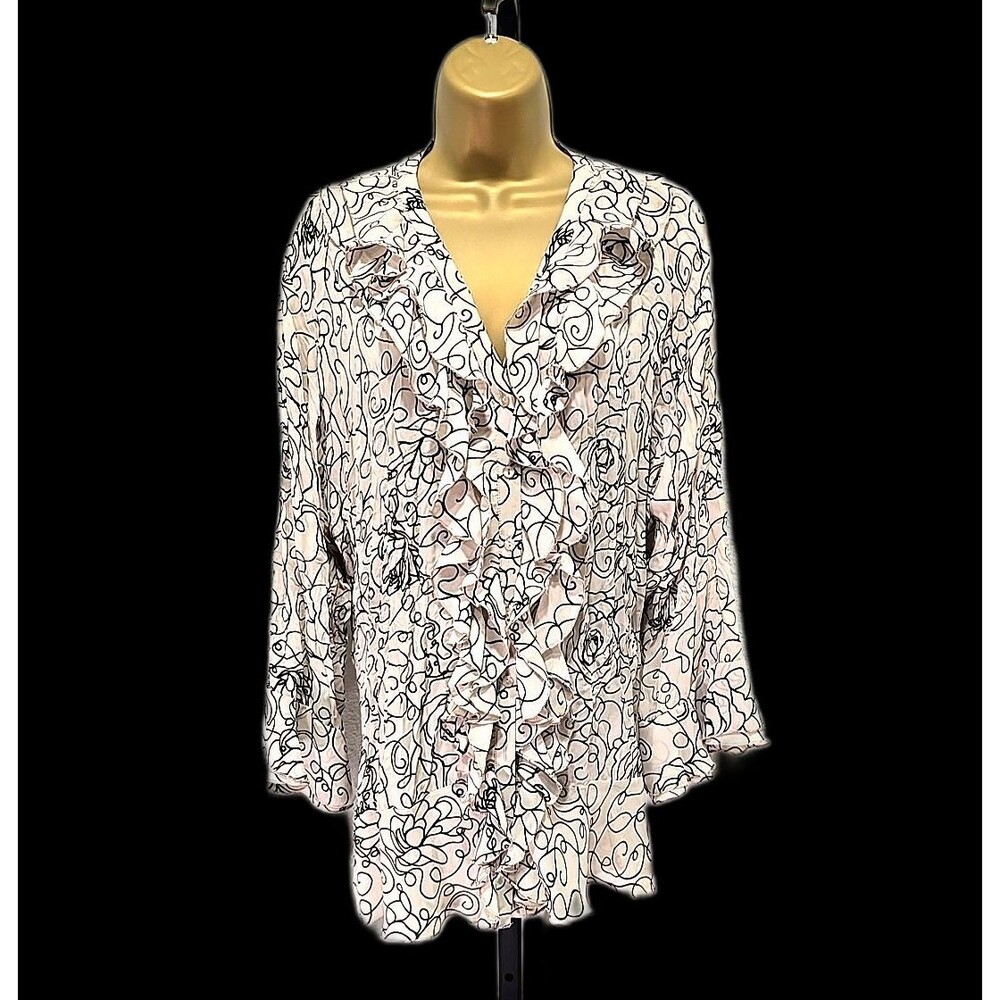 Beige Black Ruffle Blouse 1X Whimsical Boho Artistic Date Office Career Business